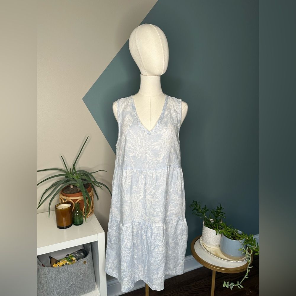 Tahari Linen Tiered Mini Dress Blue White Botanical Print Sleeveless V-Neck Med - Picture 2 of 11